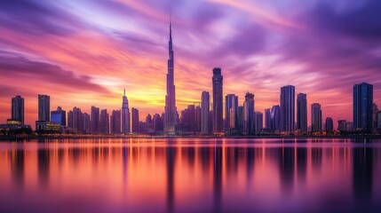 Fototapeta premium beautiful skyline at sunset with reflections in water