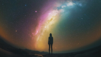 Obraz premium Silhouetted Person Under Starry Sky with Vibrant Galaxy Hues, Capturing Awe and Wonder in Nature's Beauty, Wide-Angle View of Vast Space and Textured Figure