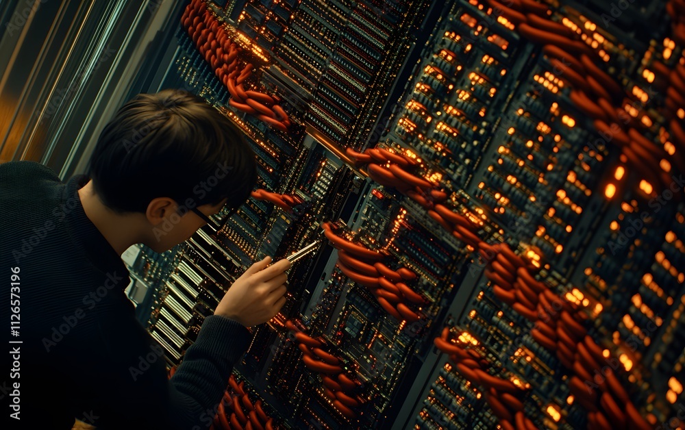 Poster a technician works on a complex server system, adjusting connections and ensuring functionality.