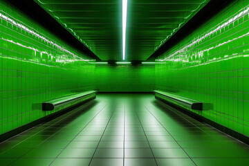 Vivid green tunnel with sleek benches under dramatic lighting in an urban subway station setting