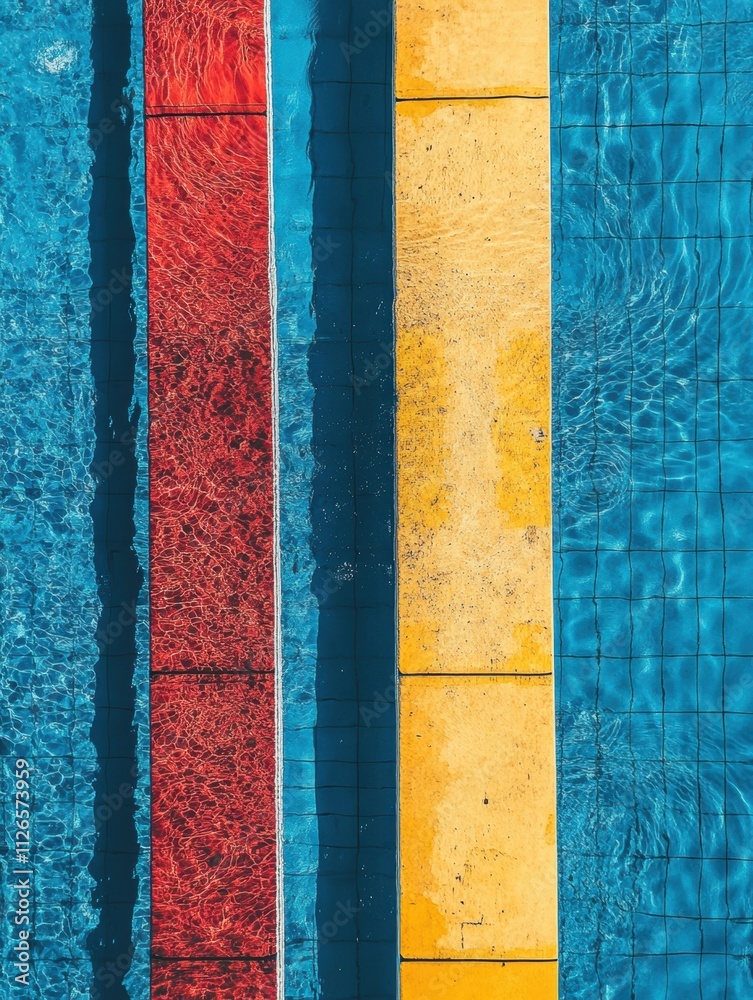 Poster Top-down view reveals vibrant swimming pool lanes illuminated by sunlight, offering clear water and ample space for additional text or graphics. Generative AI