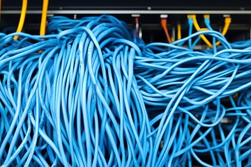 A tangled mass of blue cables in a network setup, illustrating connectivity and organization.