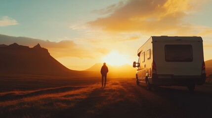 RV Motorhome camper van road trip. Tourists in rental car campervan by view of mountains in beautiful nature landscape on the road in Iceland at sunset. People on travel vacation adventure.