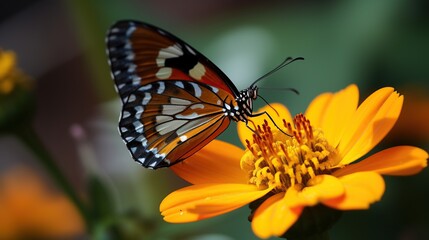 Fototapeta premium Butterfly on Orange Flower in Garden Setting