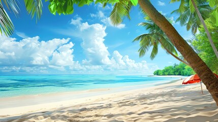 Fototapeta premium A tropical beach scene with palm trees, white sand, and blue water.