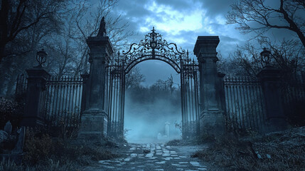 Gothic cemetery entrance with ornate iron gates in misty night setting. Spooky Victorian graveyard gates with decorative metalwork and stone pillars in ethereal blue atmosphere