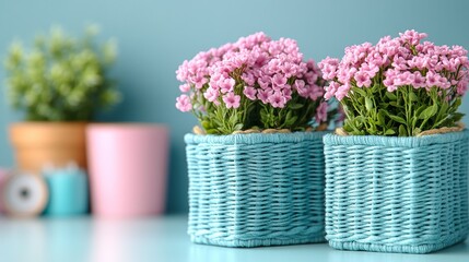 Fototapeta premium Two woven teal baskets with pink flowers are on a soft teal surface