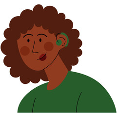 Dark-skinned woman with hearing aid device inserted into ear. Deaf and hear aid concept. World hearing day.