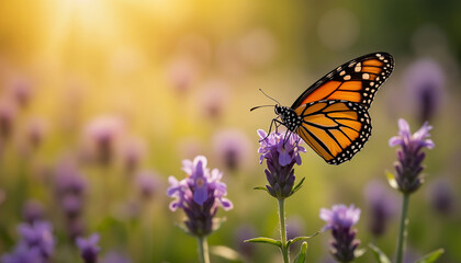 Naklejka premium wallpapers A stunning Monarch butterfly rests on a lavender flower, showcasing vibrant colors in a serene garden setting. AI generated.
