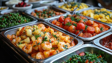 Obraz premium Feast of vibrant flavors showcases an array of deliciously prepared shrimp and vegetables at a bustling market. Generative AI