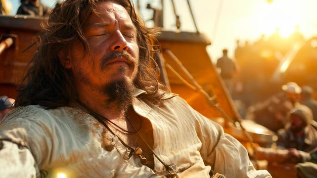 Life of a pirate: pirate, adorned in 17th-century attire, stands firm on deck of a ship as the Caribbean waves crash around him, embodying adventure, danger, desire for treasure in salty sea breeze.