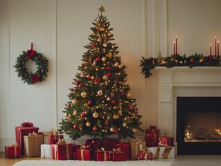 cozy christmas living room with decorated tree and presents