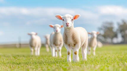 Fototapeta premium Flock of lambs grazing on a sunny day in a green meadow