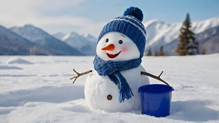 Obraz premium Cheerful Snowman with Blue Hat and Scarf in Winter Landscape
