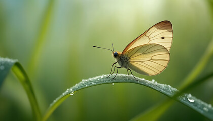 Fototapeta premium wallpapers A delicate butterfly perched on a green leaf adorned with droplets of water, showcasing the beauty of nature in soft lighting. AI generated.
