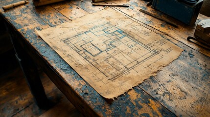 Naklejka premium Aged blueprint on rustic wooden table.