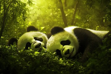 Obraz premium two pandas resting in a lush green forest