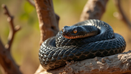 Fototapeta premium wallpapers A stunning close up of a black snake resting on a branch in its natural habitat. The sun highlights its scales beautifully. AI generated.