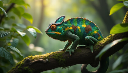 wallpapers A vibrant chameleon perched on a mossy branch surrounded by foliage, showcasing its colors in a serene forest setting. AI generated.
