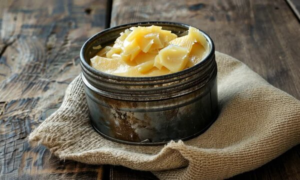Rustic tin container filled with lard on burlap cloth over wooden surface