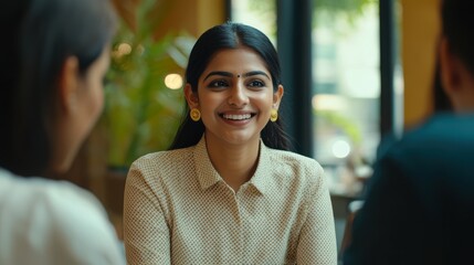 Happy confident Indian female young business leader talking to project staff on corporate meeting, joking, laughing. Recruit team interviewing job candidate for hiring