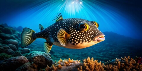 Obraz premium Silhouette of Arothron Mappa Pufferfish Swimming Underwater Ocean Bottom