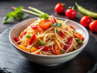 Som Tam Thai Panoramic Photo: Spicy Papaya Salad in White Bowl on Black Table