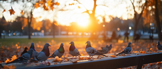 Tranquil Bird Feeding Month in the Park: Pigeons, Doves, and Starlings Gathering in Golden Light