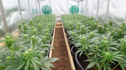 Indoor cannabis greenhouse with lush plants and ventilation system