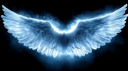 Glowing blue wings illuminated from the center spread across a black background.