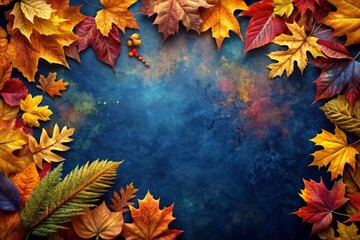 Surreal Autumn Leaves Border, Blue Background, Fall Foliage Design Element, Fall Decoration, Autumnal Background