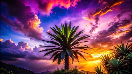 Obraz premium Surreal Purple Light Silhouette, Plant Silhouette Photography, Dark Fantasy Botanical, Purple Night Plant