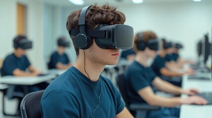 A student wearing a VR headset participates in virtual reality training in a classroom filled with similar students.