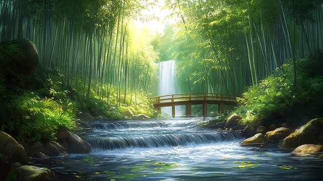 A gentle brook flowing through a bamboo forest with dappled sunlight, scattered leaves and a serene wooden bridge overhead - Powered by Adobe