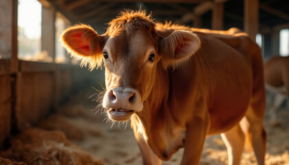 wallpapers A close-up of a curious cow looking at the camera in a barn. The soft lighting creates a warm atmosphere, highlighting the cow's features. AI generated.