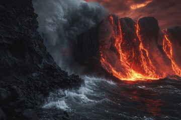Fototapeta premium Black basalt rocks, waves crashing against the cliffs, a stormy sea, red and orange colors volcanic lava