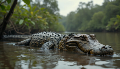 Fototapeta premium wallpapers A lifelike crocodile partially submerged in tranquil waters, showcasing its intricate textures and surroundings. AI generated.