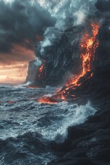 Fototapeta premium Black basalt rocks, waves crashing against the cliffs, a stormy sea, red and orange colors volcanic lava