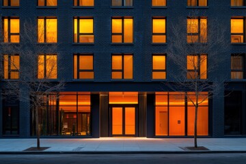 modern building facade with warm glowing windows at dusk