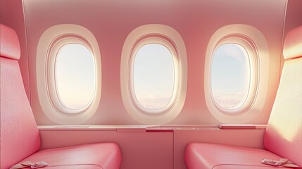 artwork features serene airplane interior showcasing minimal design elements. Soft pastel colors and clean lines create tranquil environment perfect travel related projects.