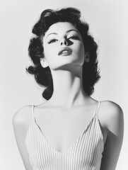 Dramatic black and white portrait of a glamorous woman, evoking 1950s Hollywood flair with her poised expression and elegant demeanor, conveying allure and sophistication.