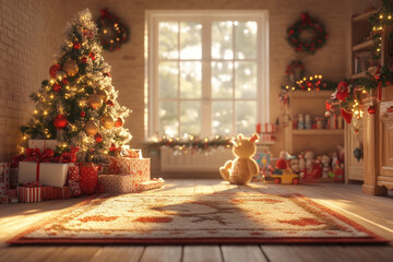 Obraz premium A warmly lit living room radiates holiday cheer, featuring a beautifully decorated Christmas tree, gifts, and an inviting atmosphere perfect for celebration and joy.