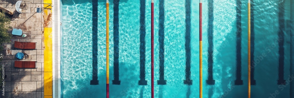 Poster top-down view of a colorful swimming pool displaying lanes for swimmers, surrounded by clear water, 