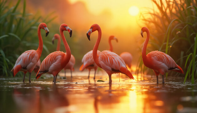wallpapers A serene scene of flamingos standing in water during sunset with vibrant colors and lush greenery surrounding them. AI generated