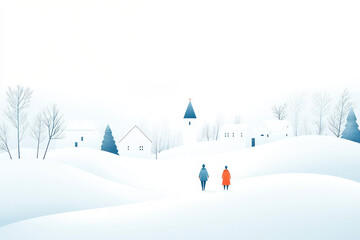Illustration of two people walking in the snow near a winter village