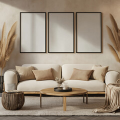 Minimalist Living Room with Three White Posters and Rectangular Frames