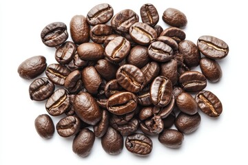 Obraz premium Freshly roasted coffee beans displayed against a clean white background
