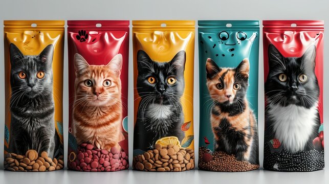 Colorful pet food packaging featuring adorable cats in a vibrant display reflecting playful personalities. Generative AI