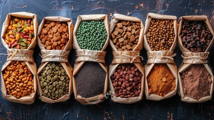 Fototapeta premium Colorful and aromatic display of spices and dried ingredients in rustic pouches on wooden table. Generative AI