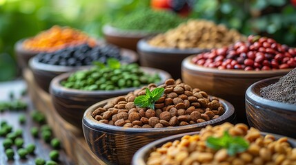 Fototapeta premium Vibrant display of spices and legumes in rustic wooden bowls for a culinary awakening. Generative AI
